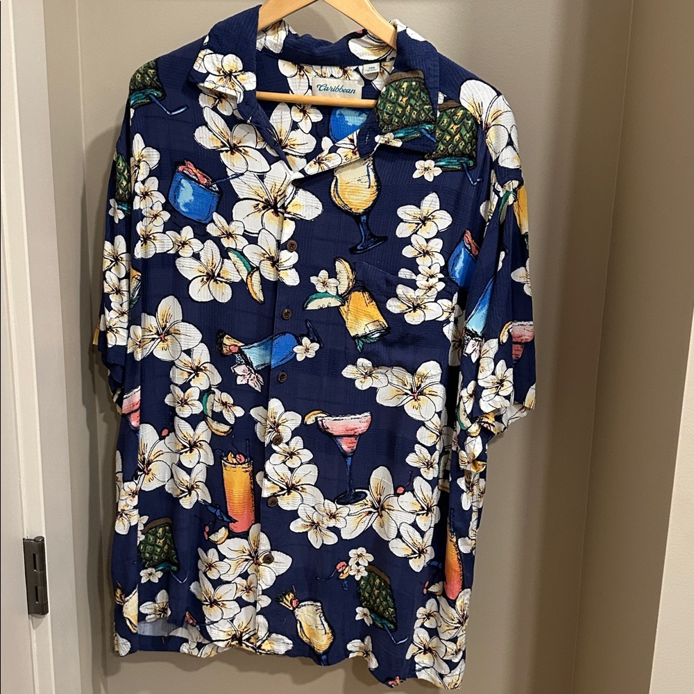 Caribbean Navy Floral drinks tropical shirt Sz 2XB